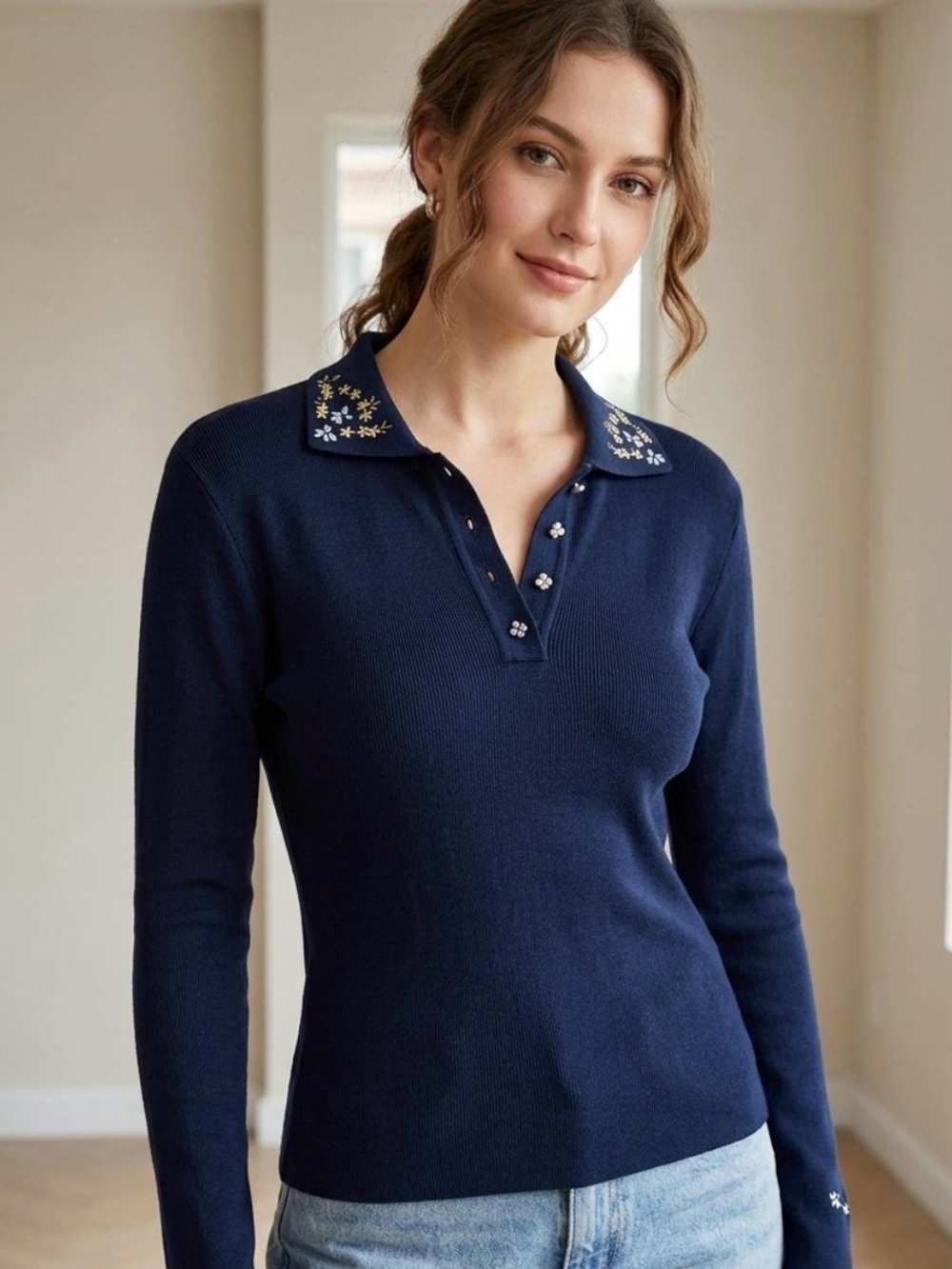 Black Embroidered-Collar Long Sleeve Polo Top